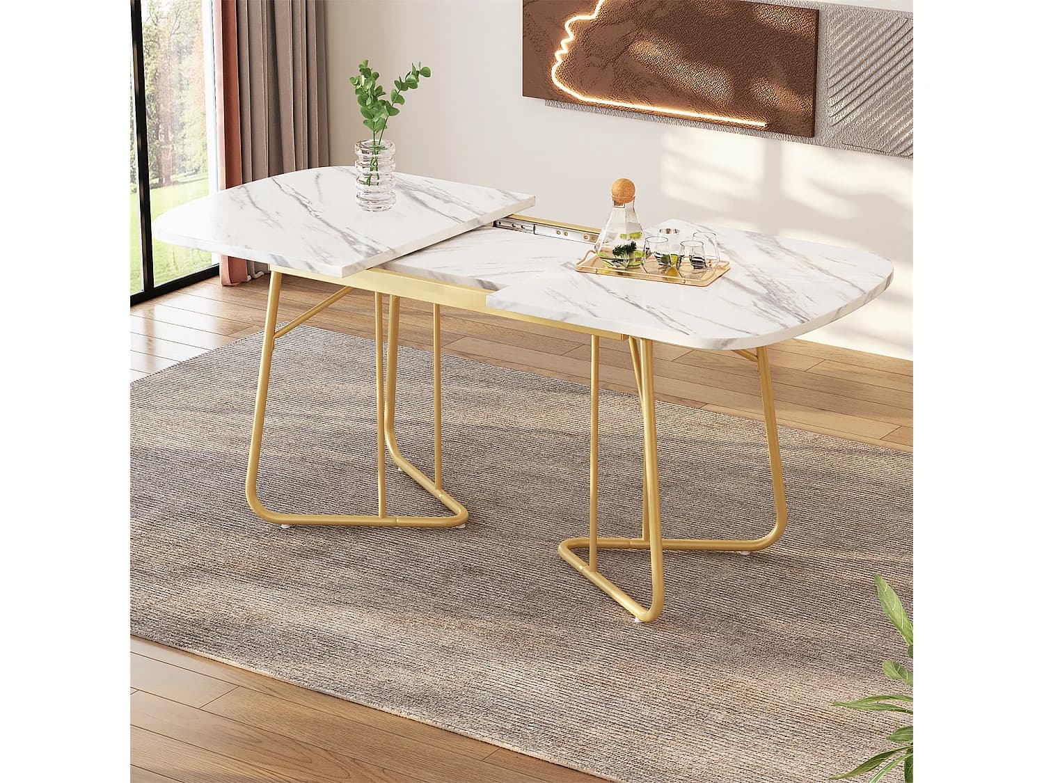 Table à manger avec structure en marbre, table à manger extensible 140/180*80 cm, pieds de table en métal doré, convient pour 4 à 6 personnes