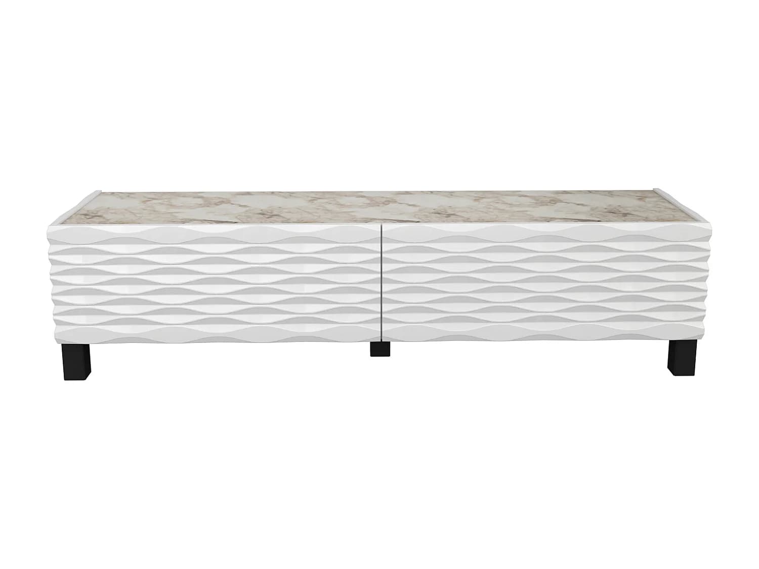 Meuble TV Lerze 150 cm Portes avec portes texture 3D en MDF (Effet marbre blanc et blanc)