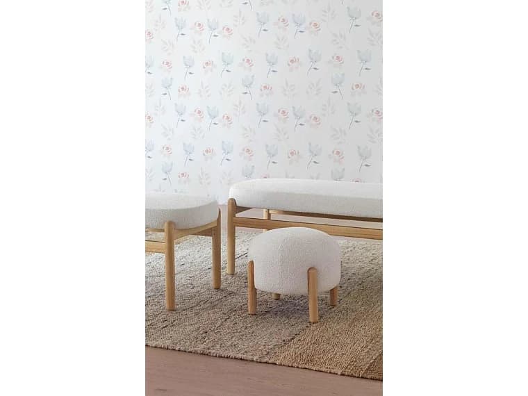 Pouf rembourré en bouclé blanc avec structure et pieds en pin naturel