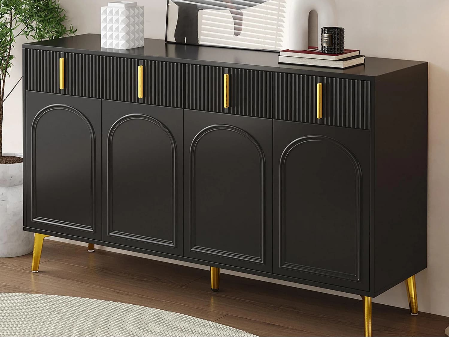 Buffet moderne- 2 portes vitrées avec 4 tiroirs et étagères réglables - Noir