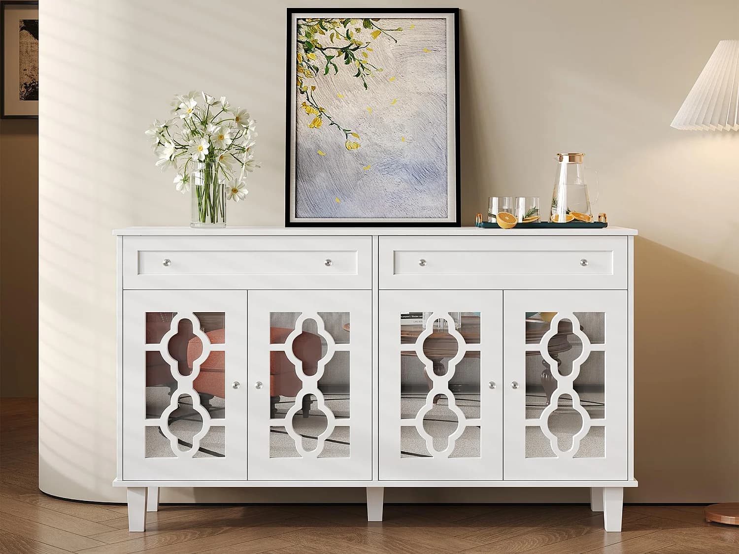 Buffet bas - 2 portes vitrées avec 2 tiroirs et étagères réglables - Blanc