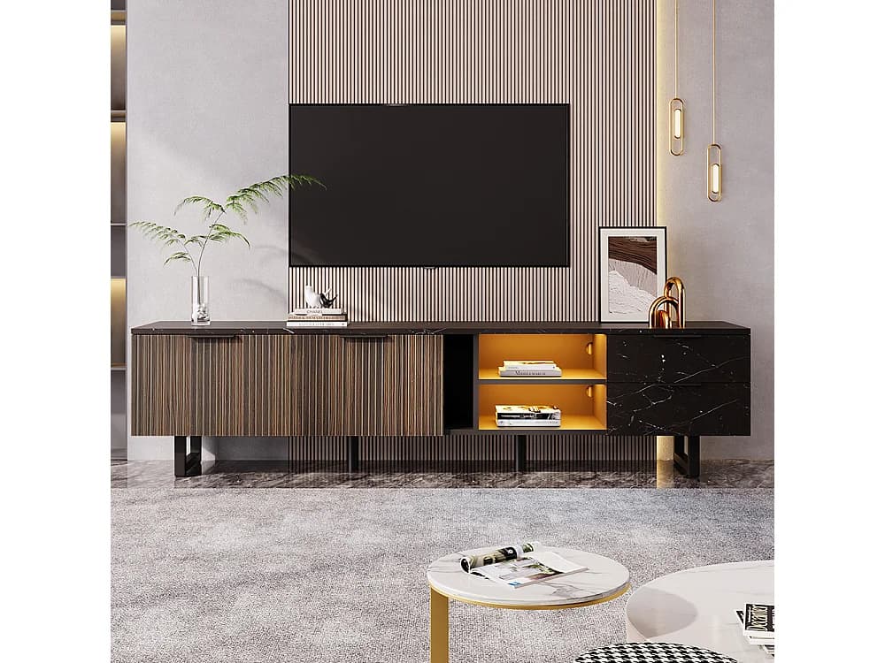 Meuble TV marbre portes bois sombre LED réglable deux portes deux tiroirs Noir
