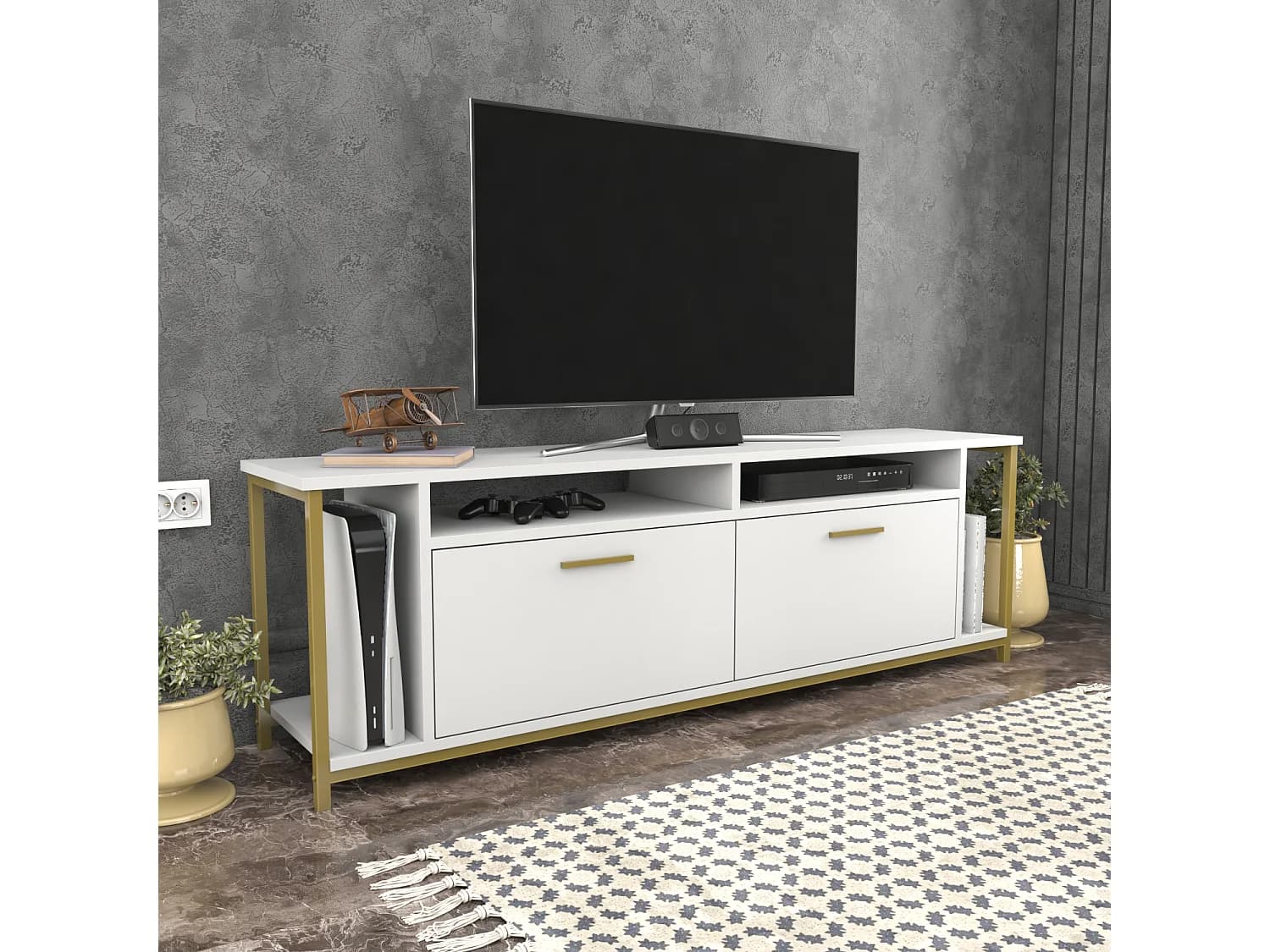 Omar Meuble TV 160 cm pour les TVs 72 Pouces Cadre Métallique Armoires et Étagères (Blanc et Doré)