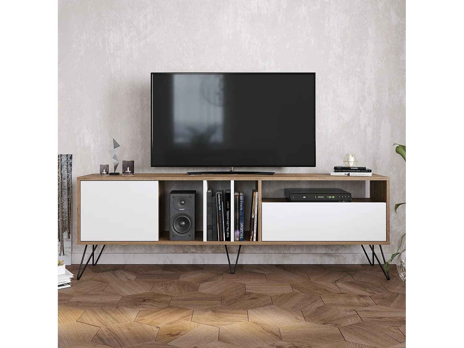 Mistiko Meuble TV 180 cm Niches et Armoires avec Pieds en Métal (Noyer et Blanc)