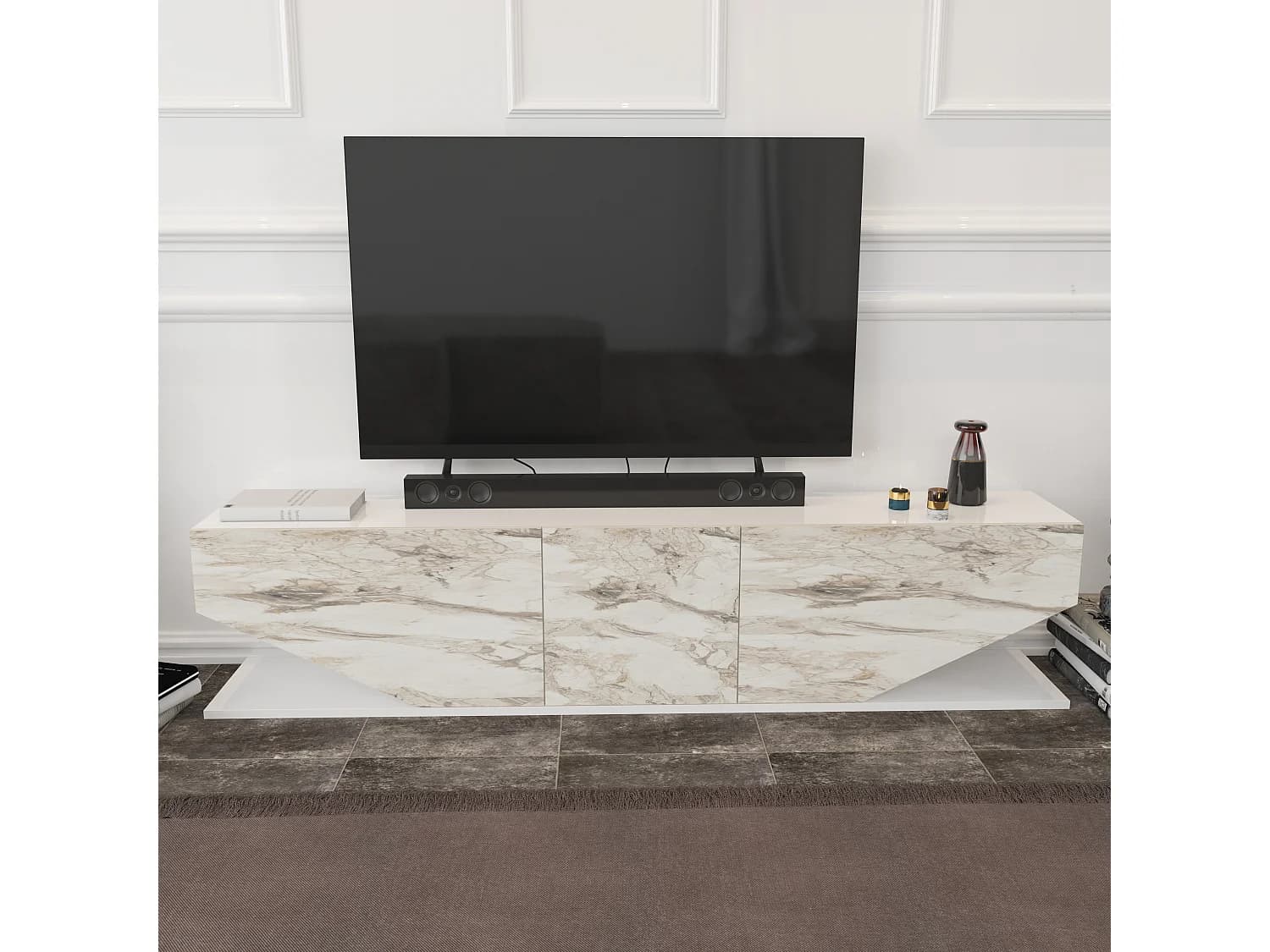 Meuble TV Pearl de 180 cm avec des armoires en style ailes (Blanc et Effet marbre blanc)