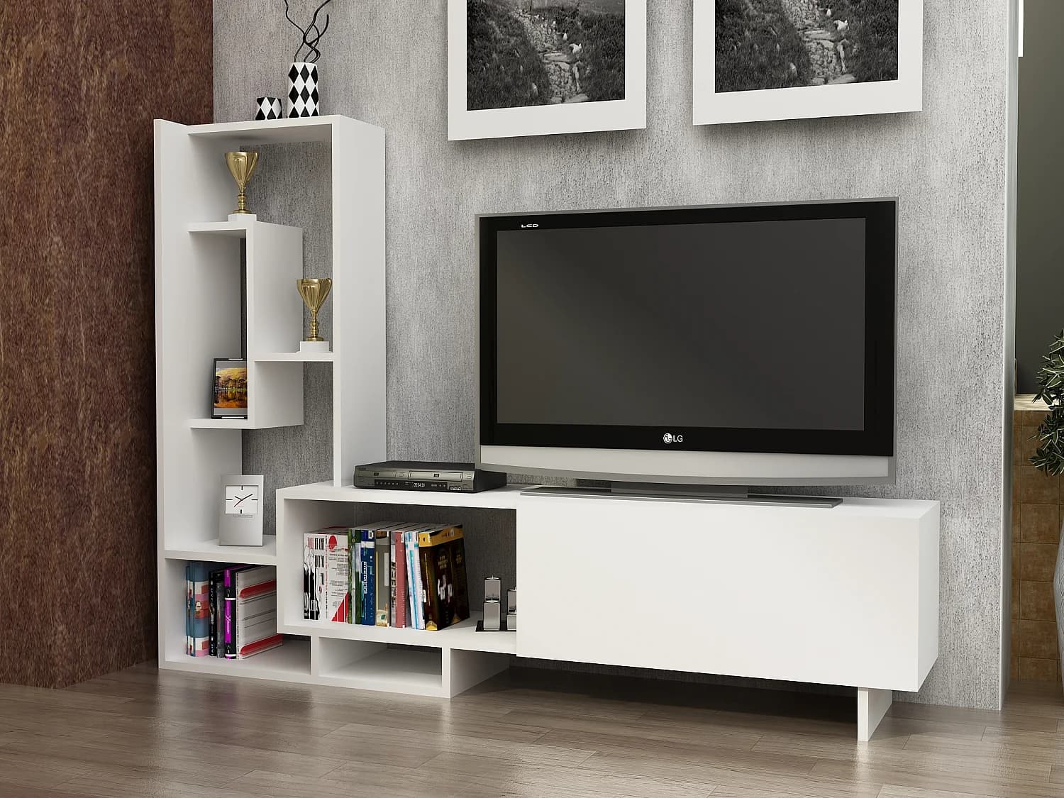 Pegai Meuble TV avec Rangement Armoires et Niches | Convient aux TVs 55 Pouces | Blanc
