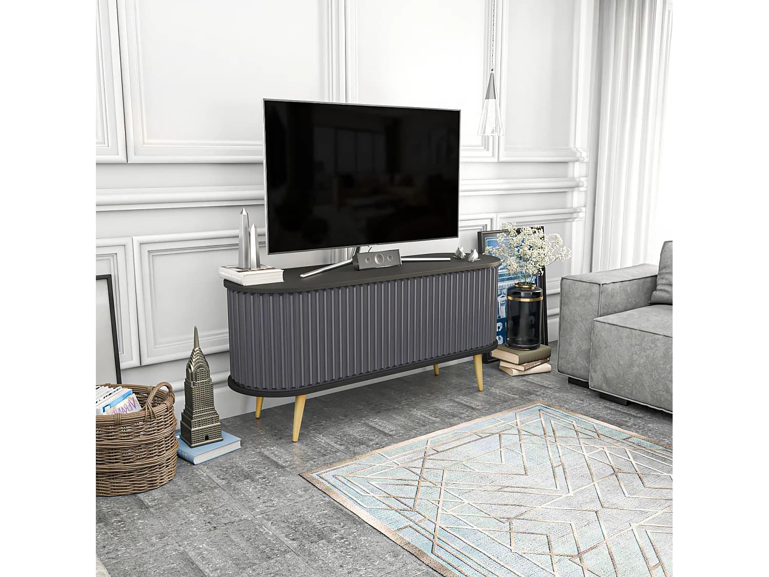 Stor Meuble TV 140 cm Portes Coulissantes MDF (Noir et Anthracite)