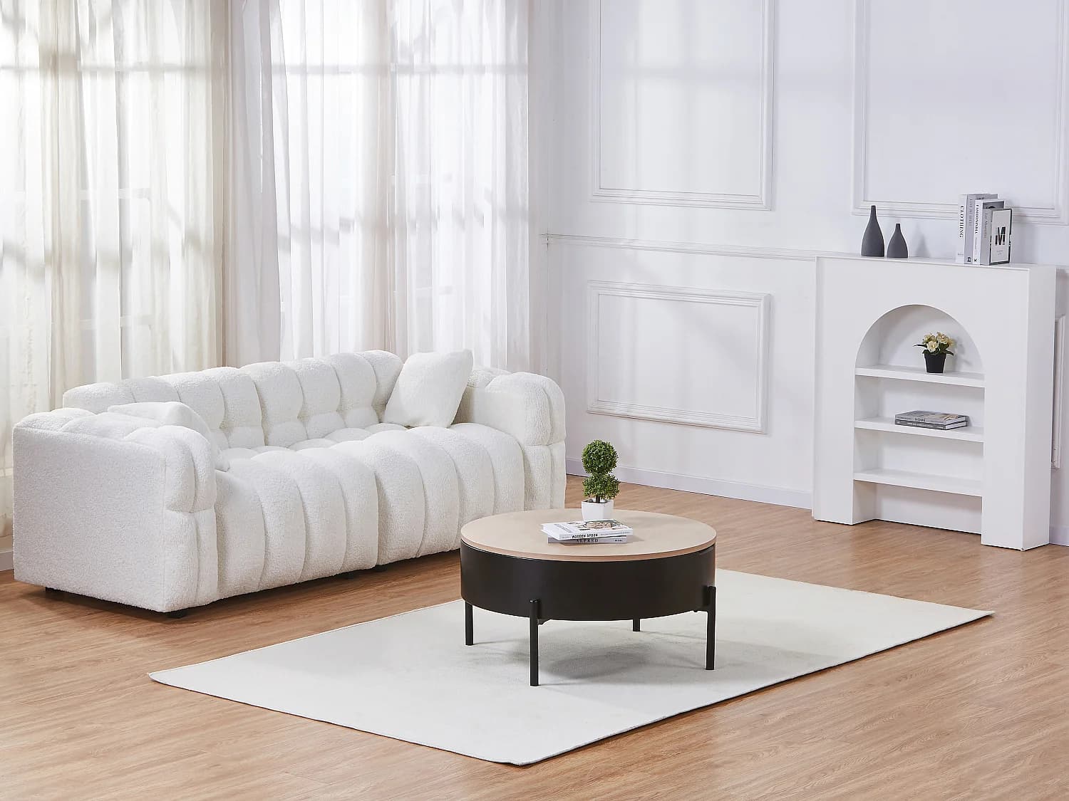 Table basse avec plateau relevable en MDF et métal - Noir et naturel - NIMORA