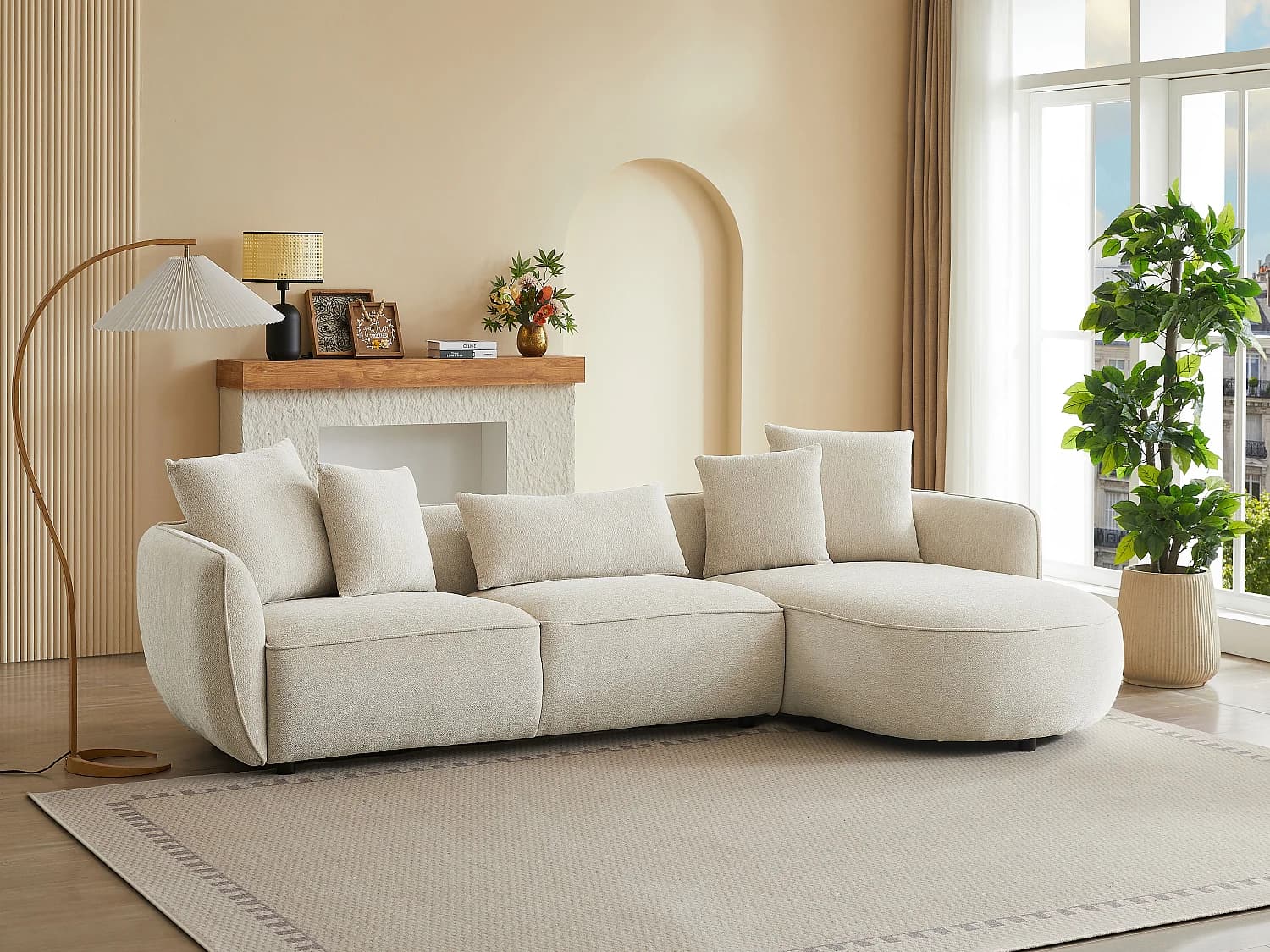Canapé d'angle droit en tissu chenille beige DOKALO de Maison Céphy