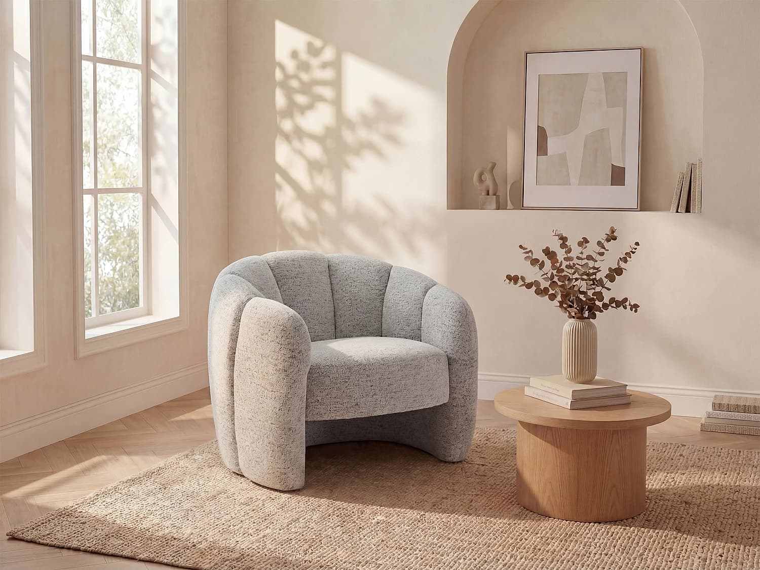 Fauteuil coquillage en tissu chenille gris DELIPO