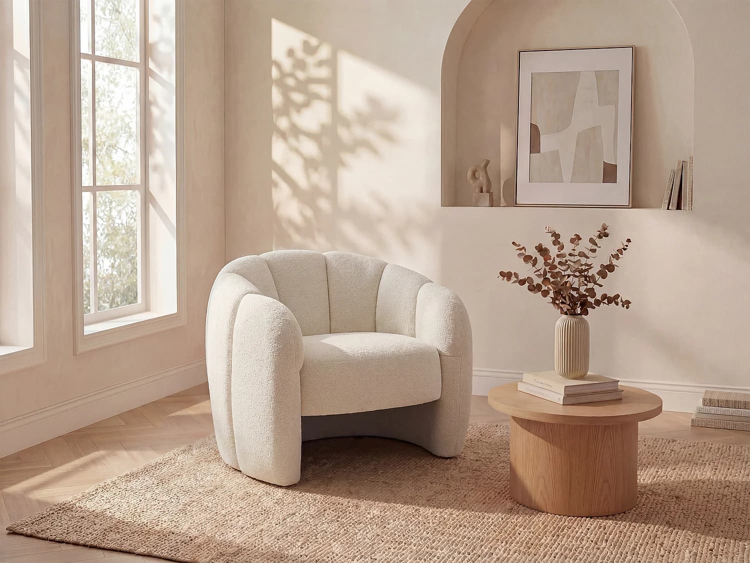 Fauteuil coquillage en tissu chenille beige DELIPO