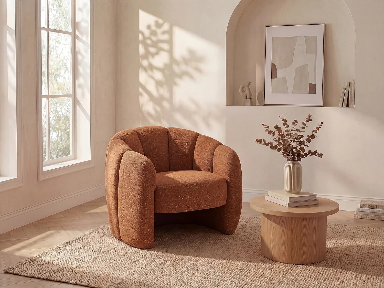 Fauteuil coquillage en tissu chenille terracotta DELIPO