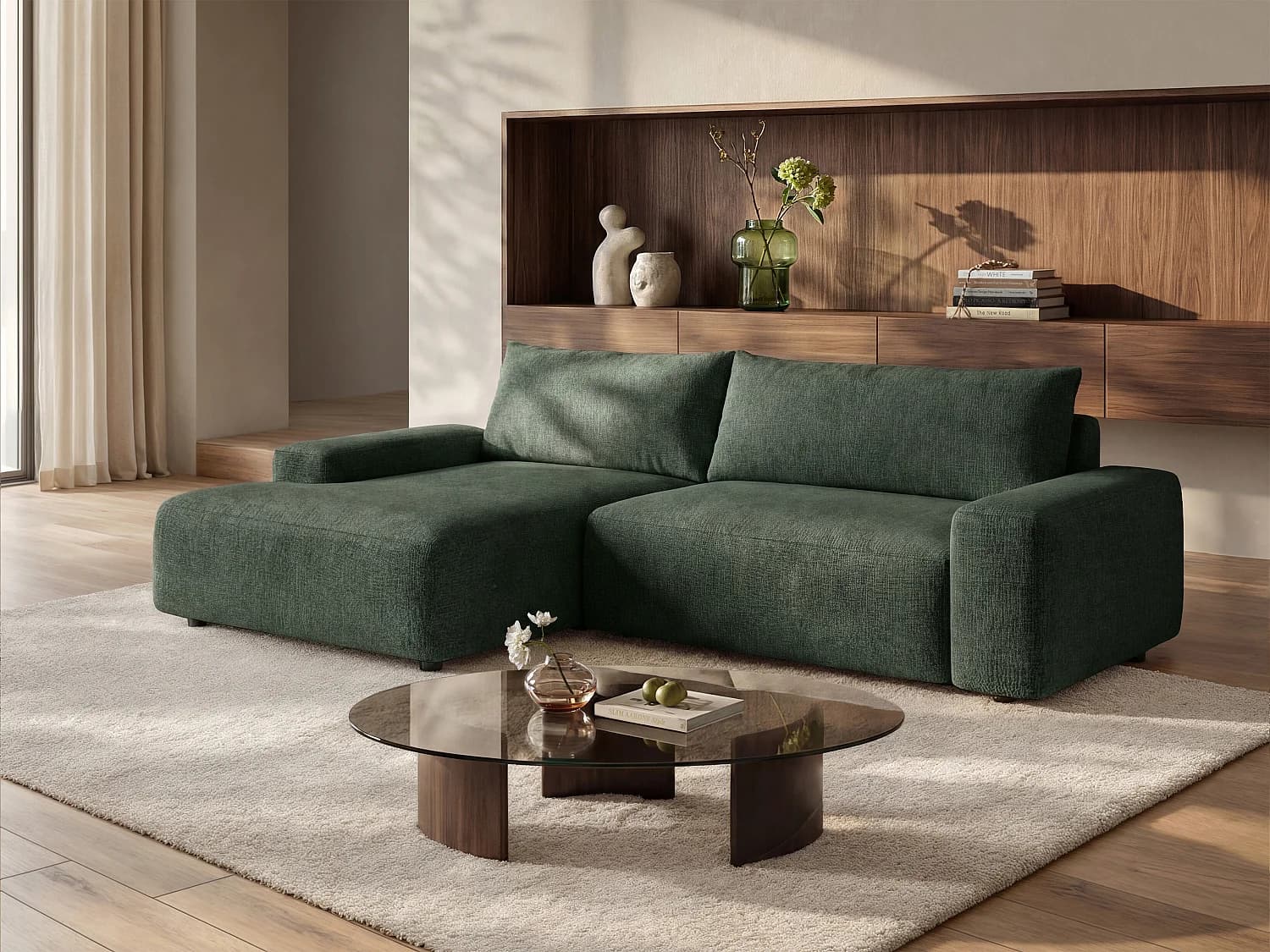 Canapé d'angle gauche convertible en tissu texturé vert sapin DAVISO