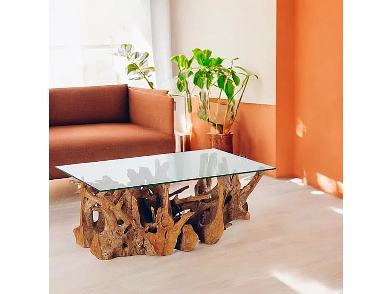 Table basse plateau en verre sur racine de teck ARIZONA