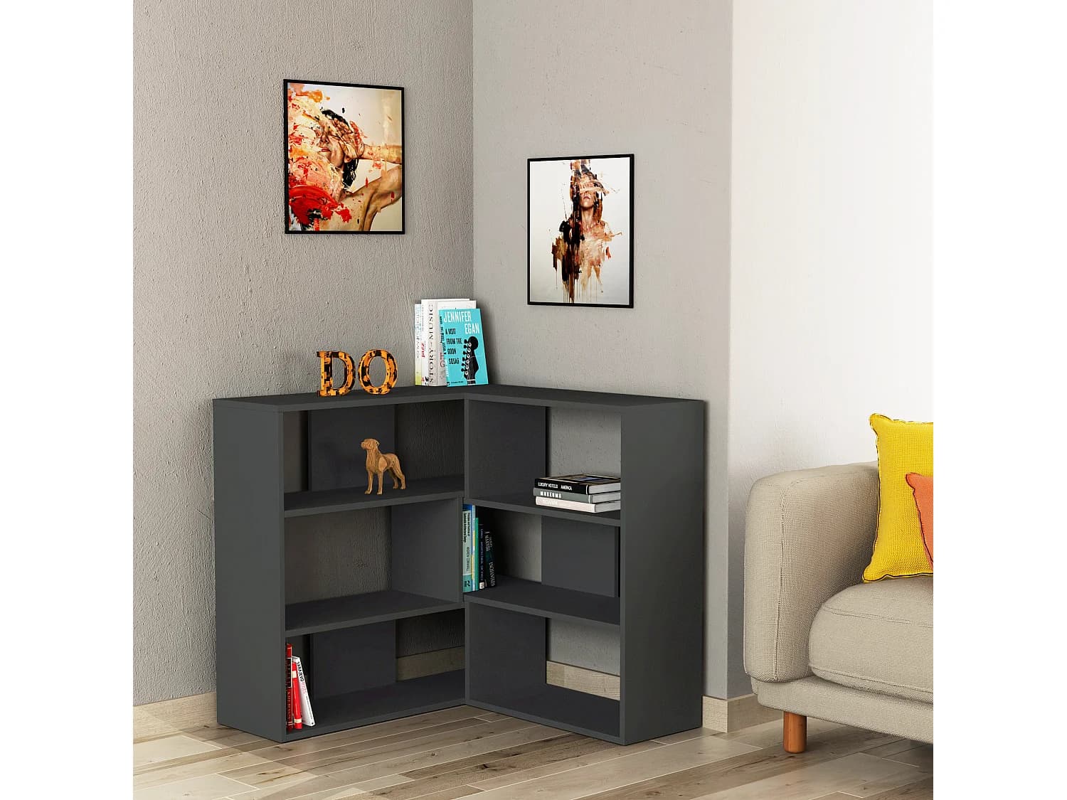 Decortie Gris Anthracite 30x157.5x89cm Bibliothèque d'angle Panneau de particules Unité d'affichage Molly