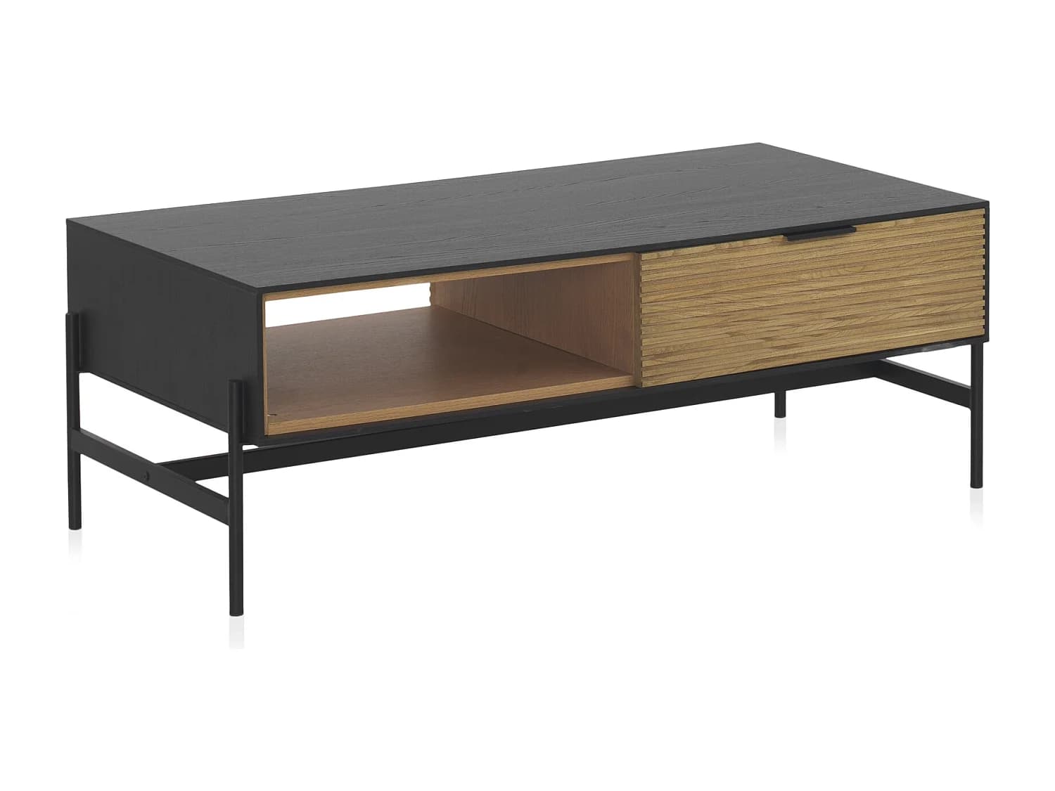 Table basse avec placage en frêne noir et pieds en métal noir