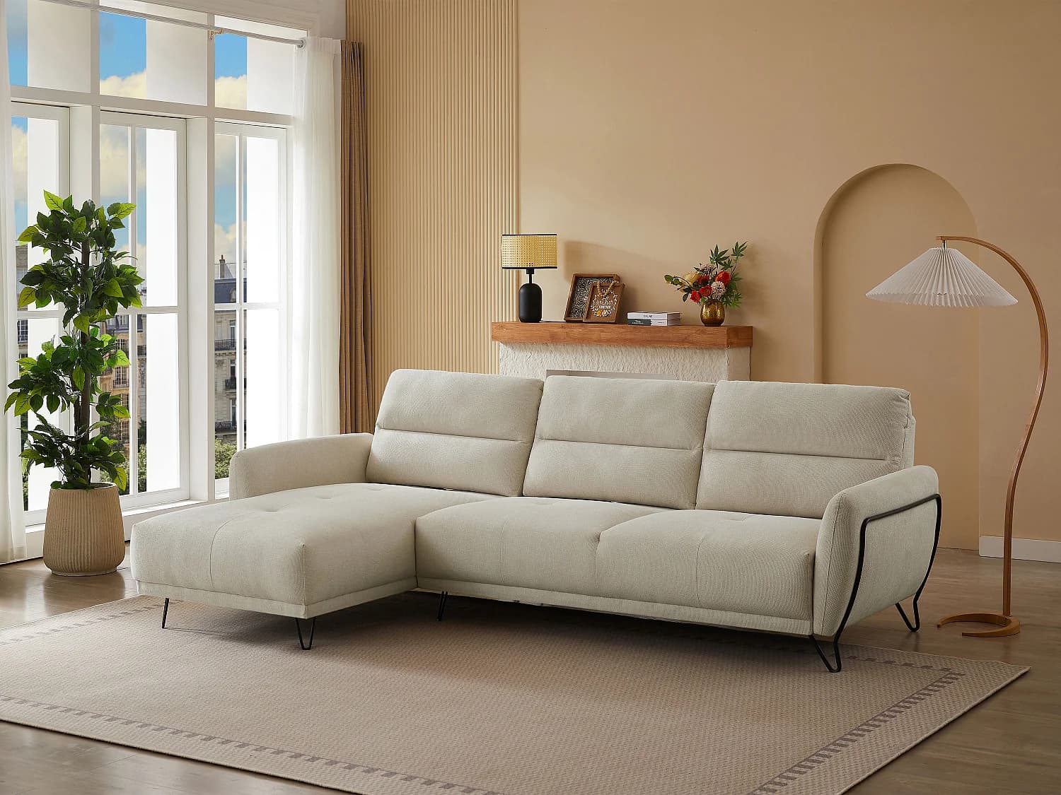 Canapé d'angle gauche en tissu texturé beige dossier avance-recule DURIMA