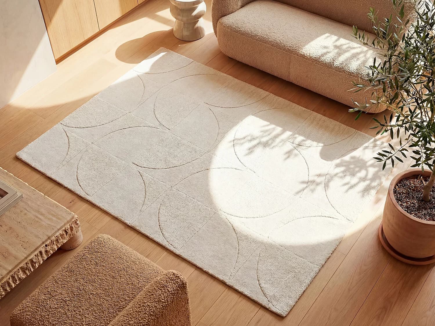 Tapis en relief 100% laine tufté main motif géométrique - 160 x 230 cm - Ivoire - MILUNA