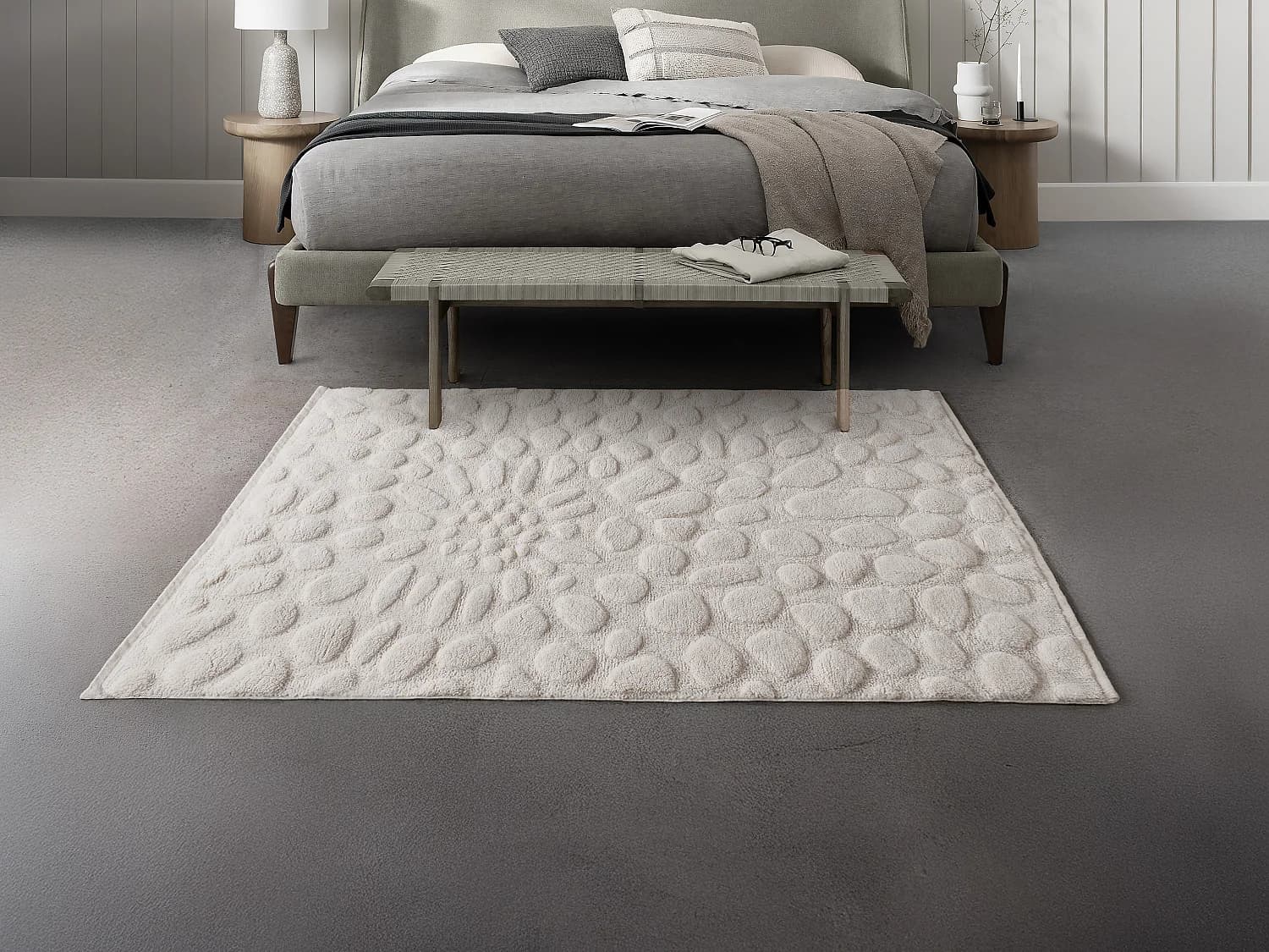 Tapis en relief 100% laine tufté main effet galet - 200 x 290 cm - Ivoire - ORABEL