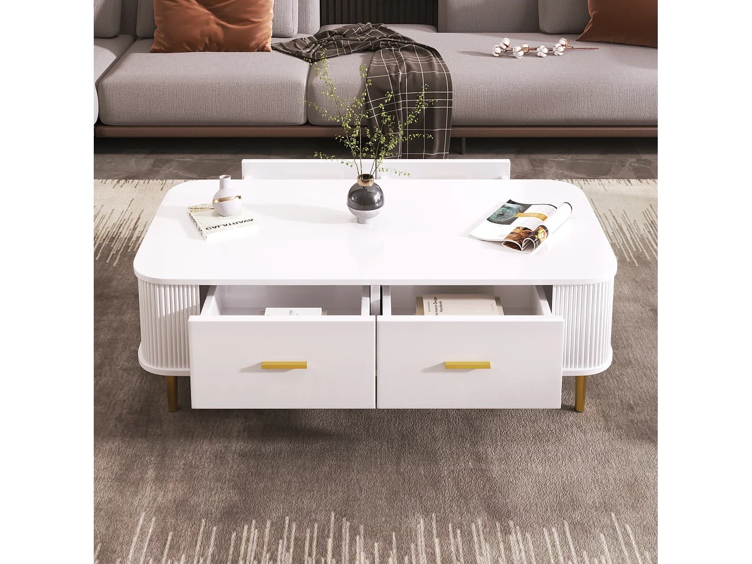 Table basse avec 4 tiroirs 105x51x38cm - table de salon avec coins incurvés et côtés ondulé - en MDF blanc