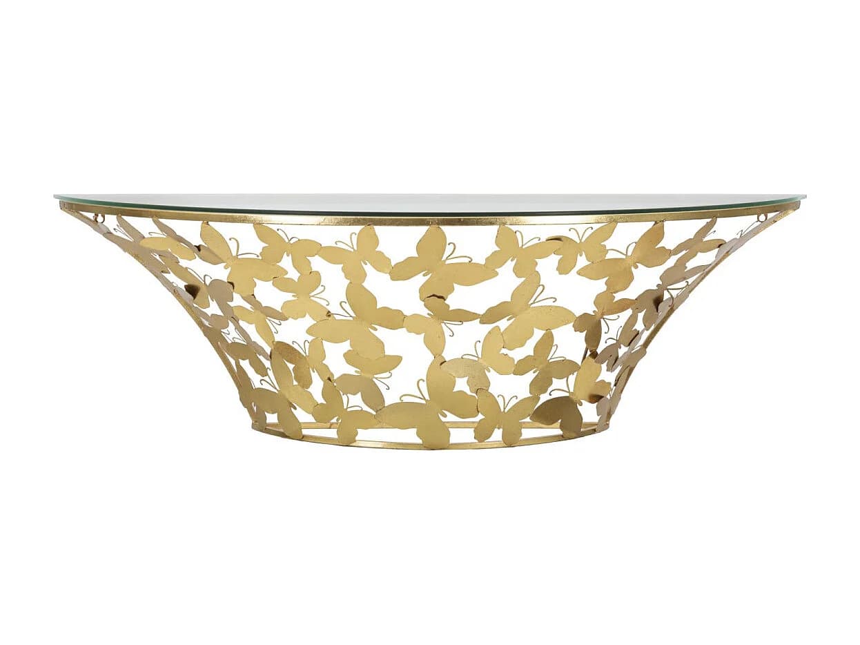 Console Murale Semi-Circulaire en Métal Doré avec Plateau en Verre et Décorations Papillon - 120x40,5x37,2 cm