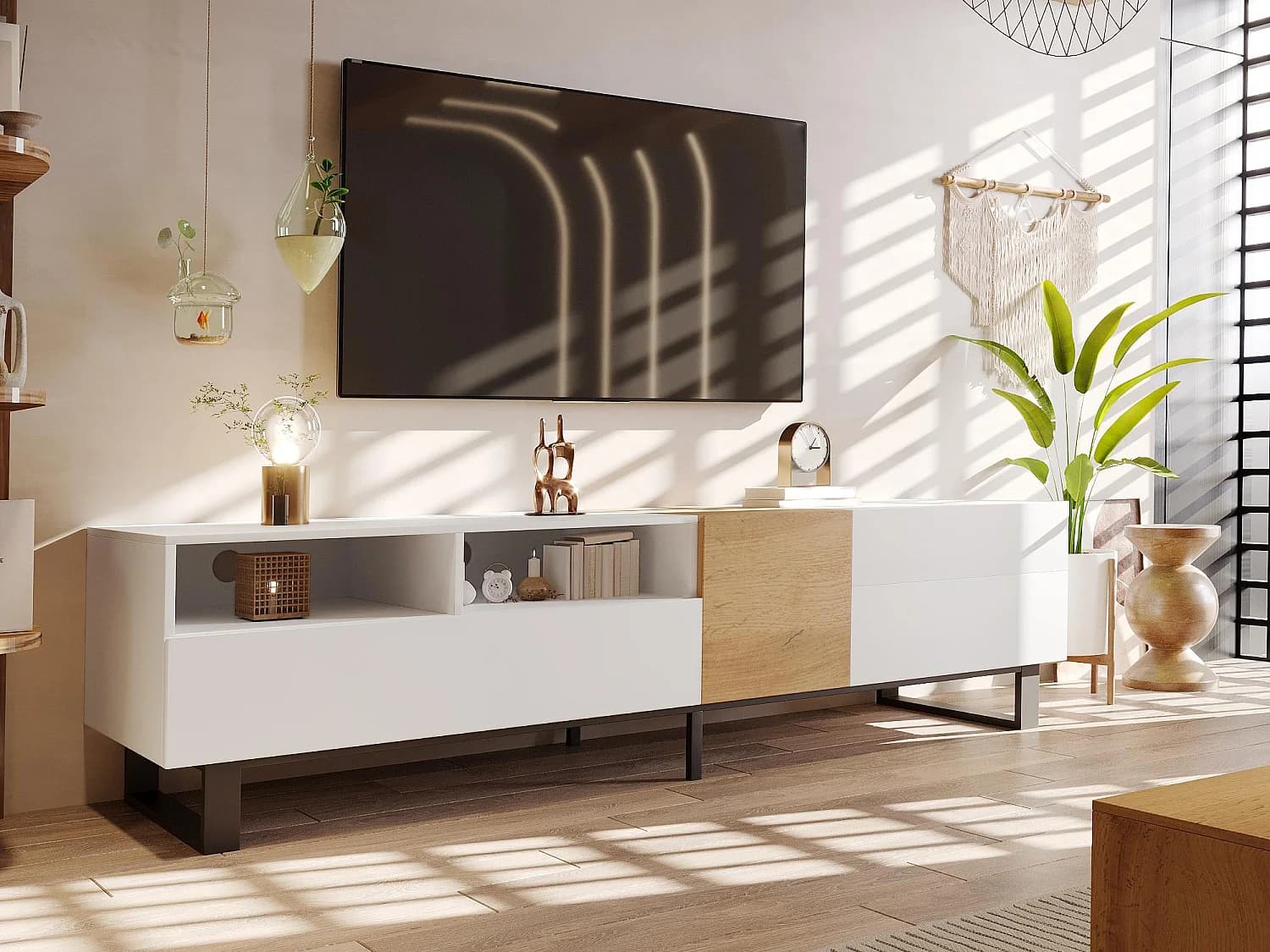 Meuble TV 180 cm - avec 2 tiroirs et 5 compartiments - en MDF - Blanc & Naturel