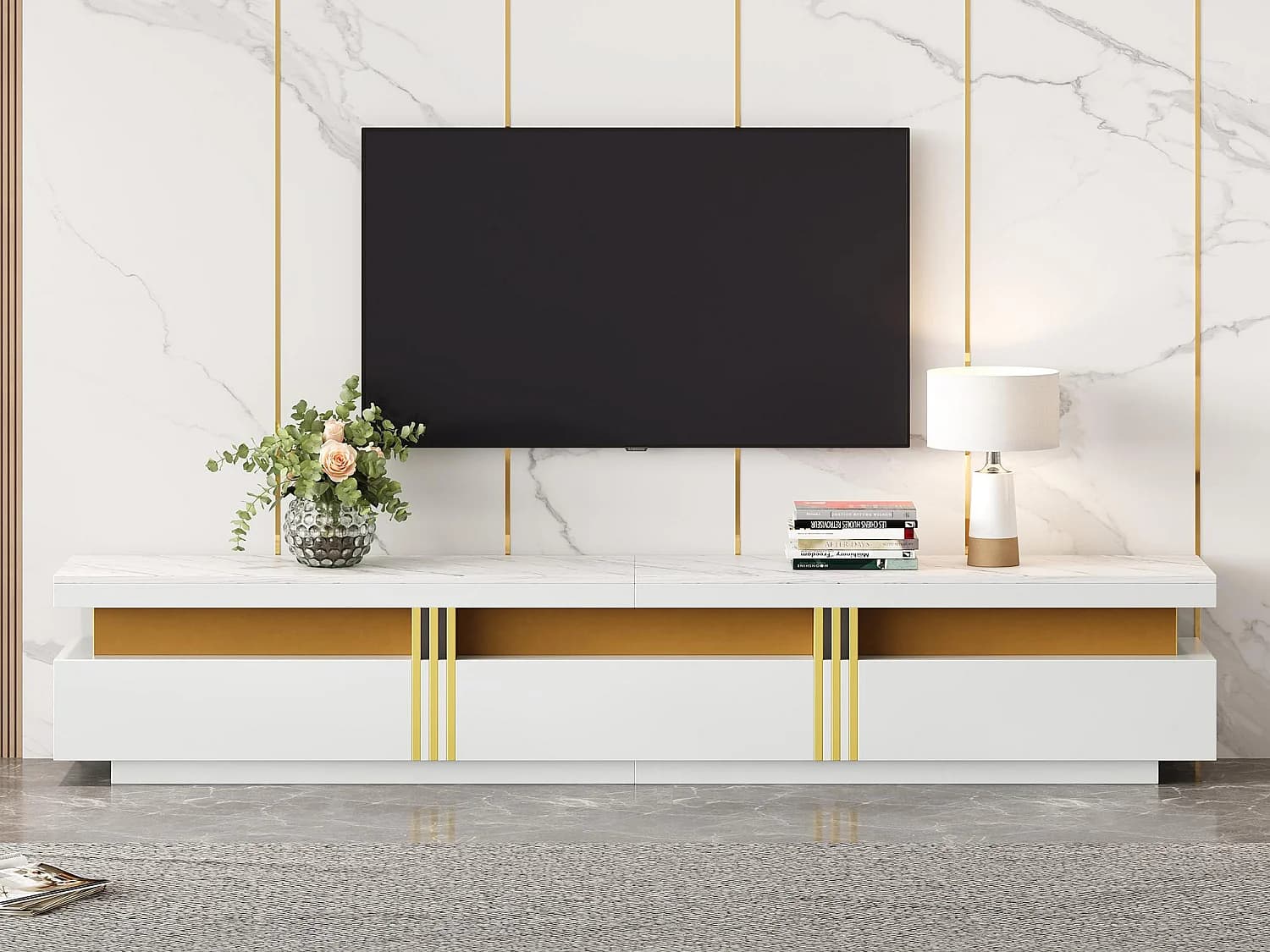 Meuble TV moderne 200cm - avec 3 tiroirs - effet marbre - Blanc