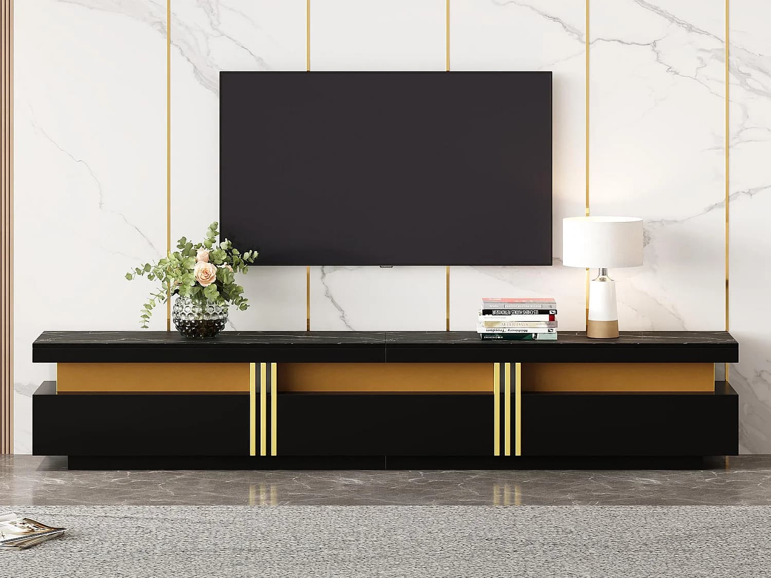 Meuble TV moderne 200cm - avec 3 tiroirs - effet marbre - Noir