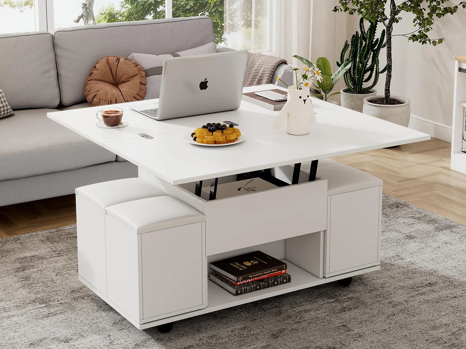 Table basse multifonctionnelle - transformée en table et 4 tabourets - Blanc