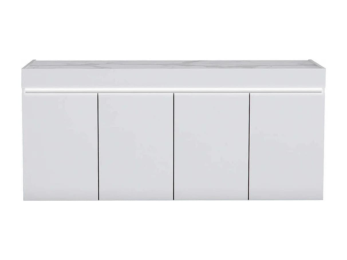 CHRIS WHITE - Buffet 4 Portes Laqué Blanc Brillant Plateau Imitation Marbre avec Led