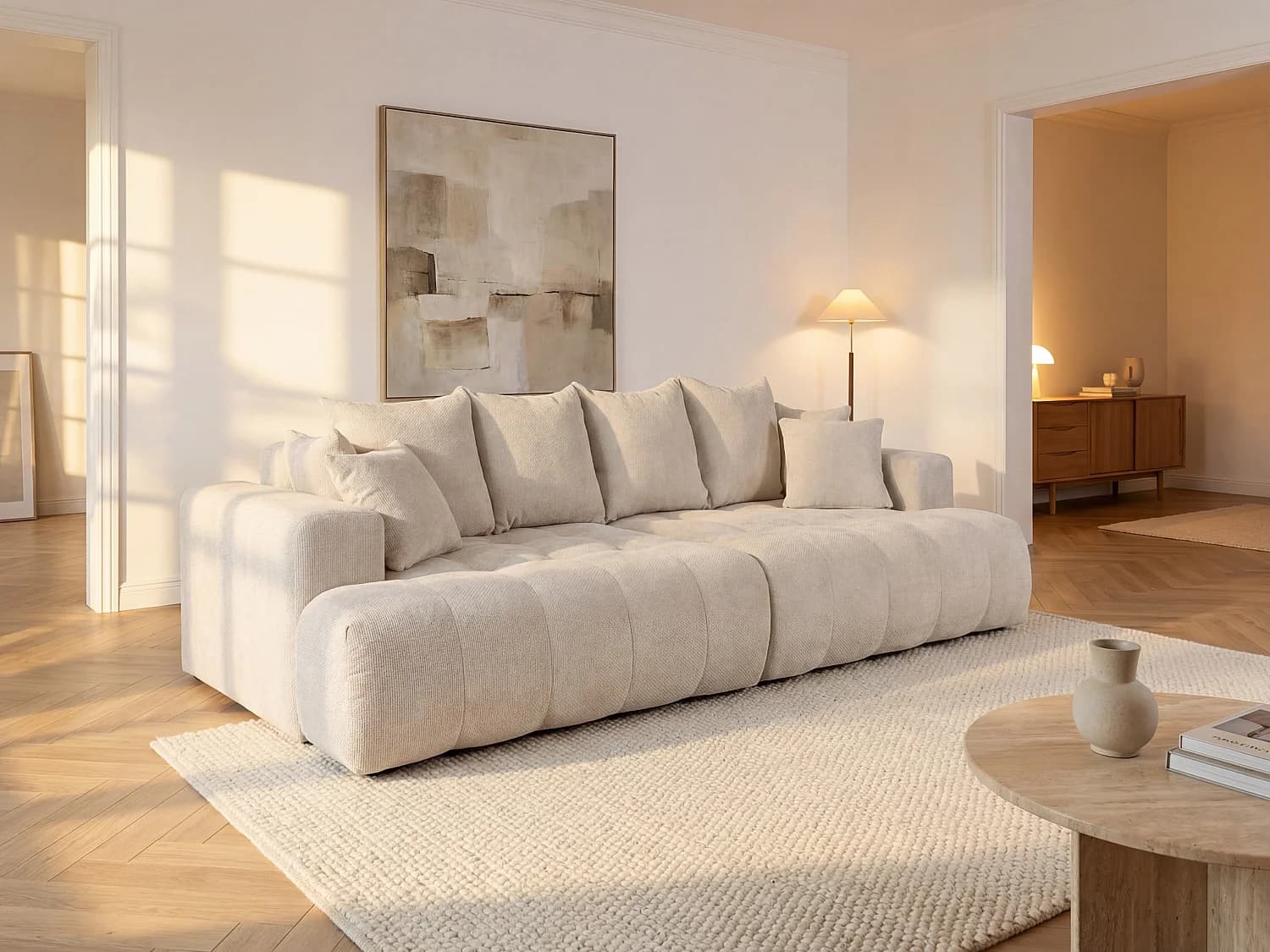 Canapé 4 places confort assise profonde en tissu texturé beige MOTINO