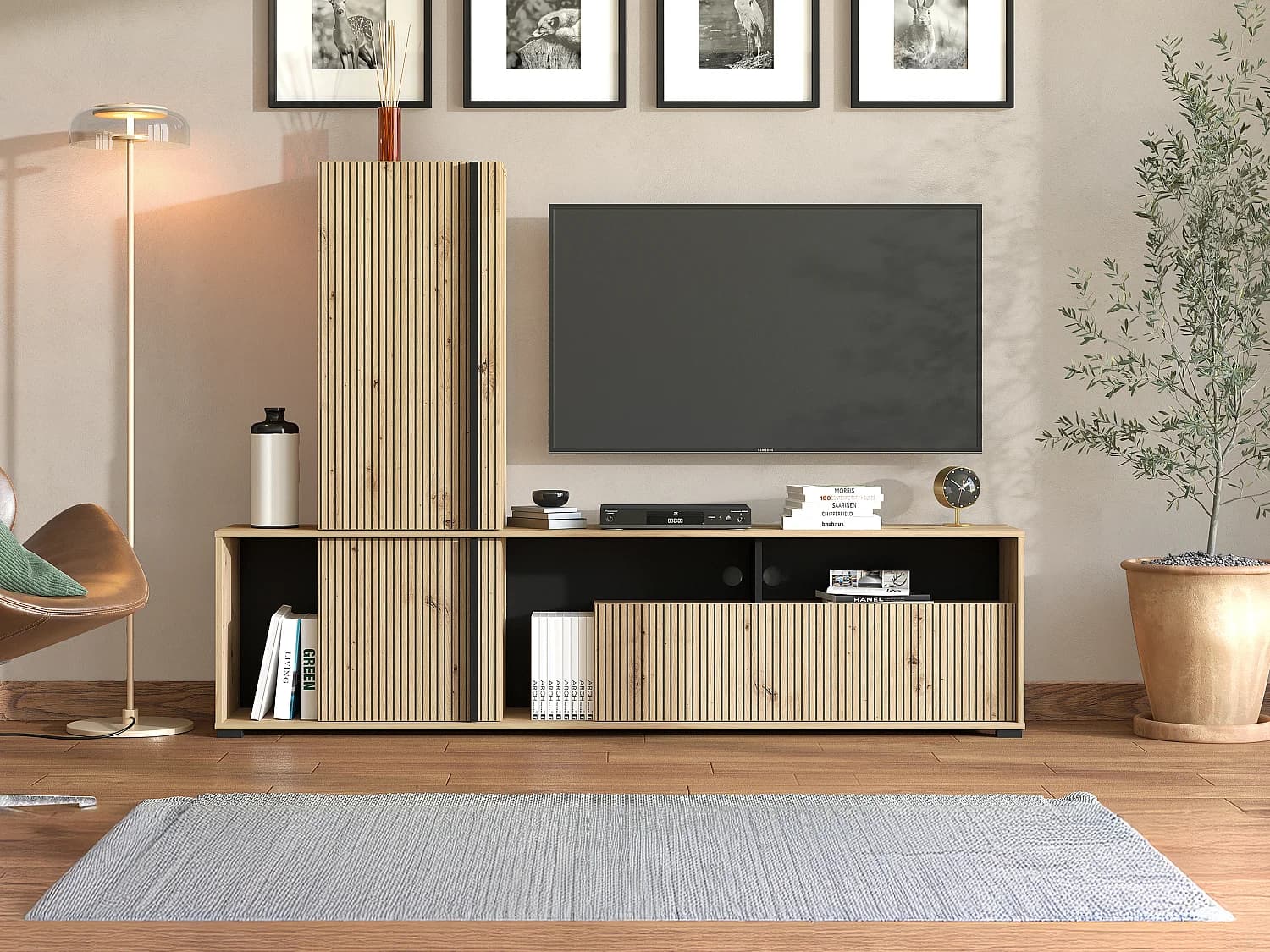 Mur TV avec 3 portes et 3 niches - Naturel clair et noir - BELUTZY