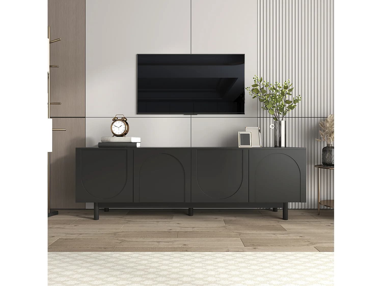 Meuble TV avec 4 portes - 175 x 38 x 56 cm - MDF et panneaux de particules - pour salon - Noir