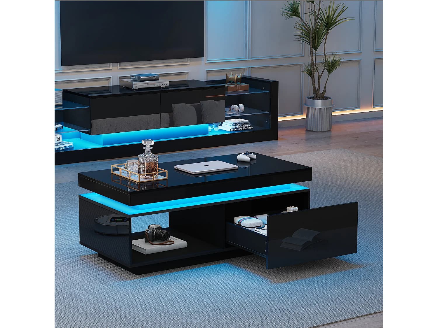 Ensemble meuble TV : 181 x 38 x 38 cm + table basse : 100 x 50 x 40 cm - LEDs - Panneau de particules - Noir brillant