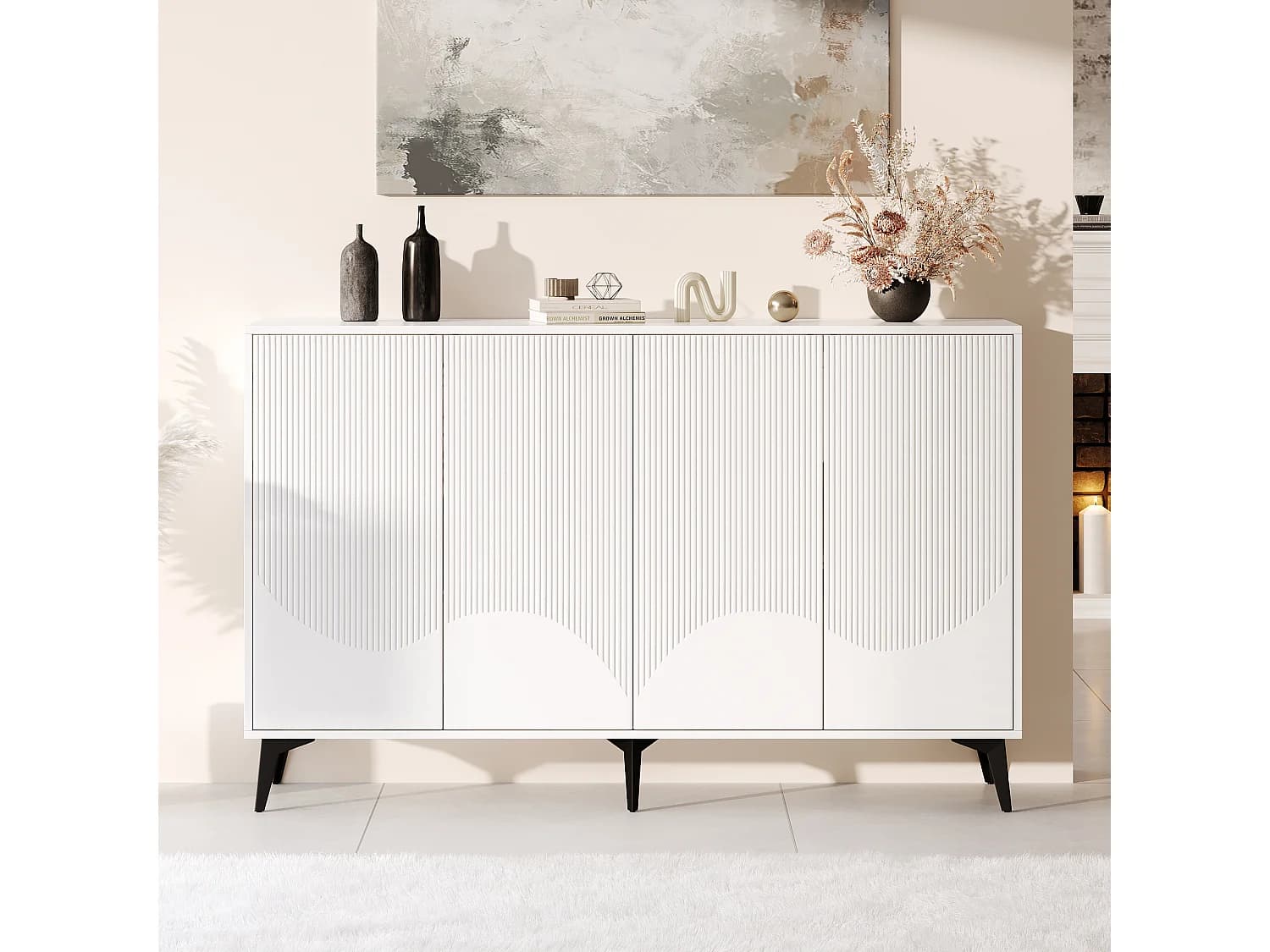 Buffet bas avec 4 portes - 160 x 35 x 100 cm - Panneau de particules et pièds en métal - Blanc