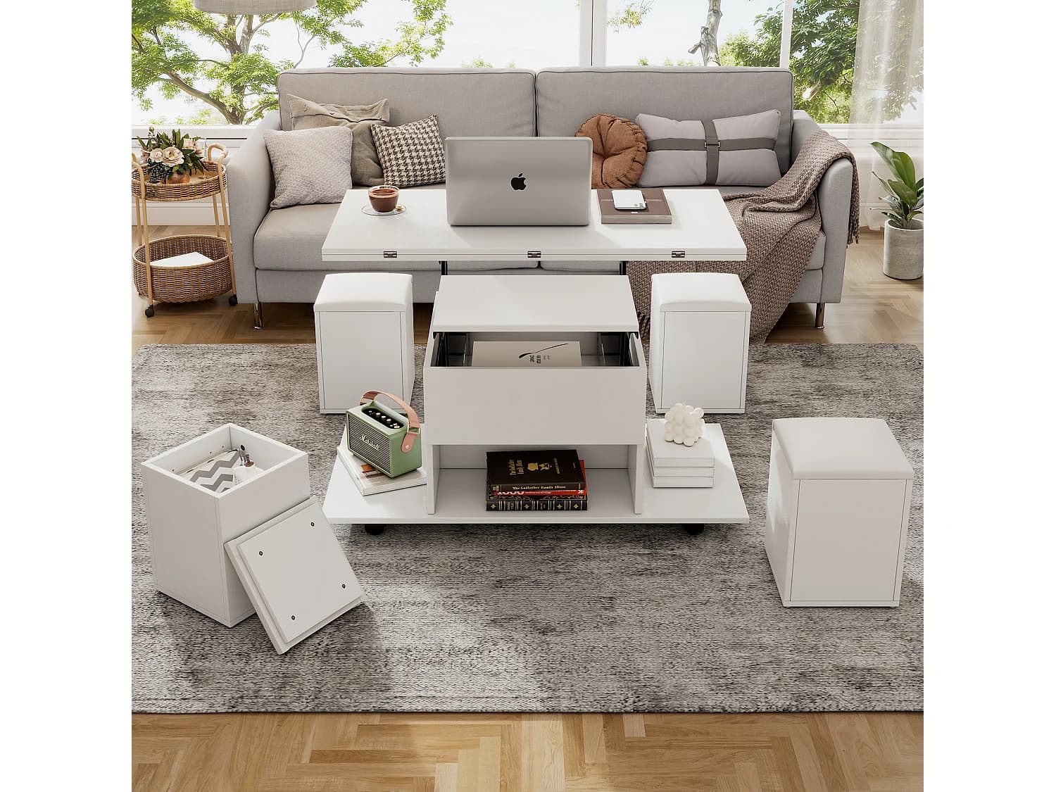 Table basse relevable avec 4 tabourets et 2 tables - 100 x 50 x 48 cm - Panneaux de particules - Blanc