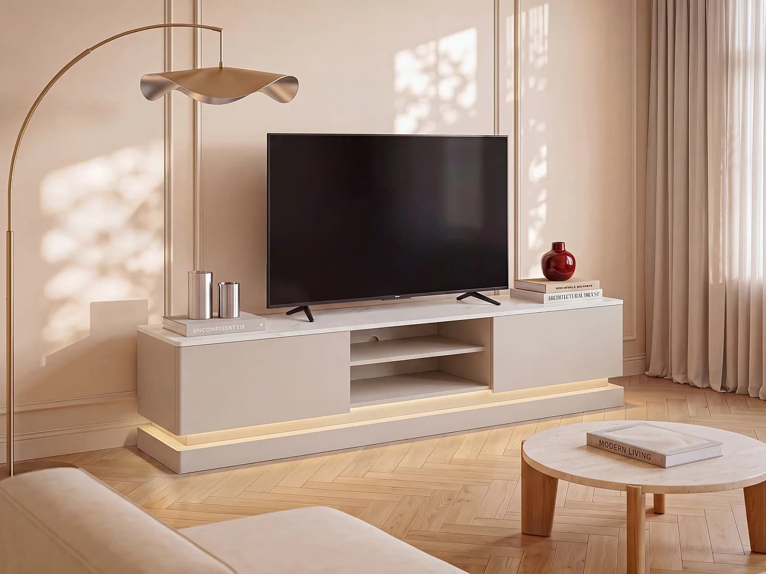 Meuble TV 2 tiroirs et 2 niches avec LEDs en MDF - Beige et effet marbre blanc - DEVIKA