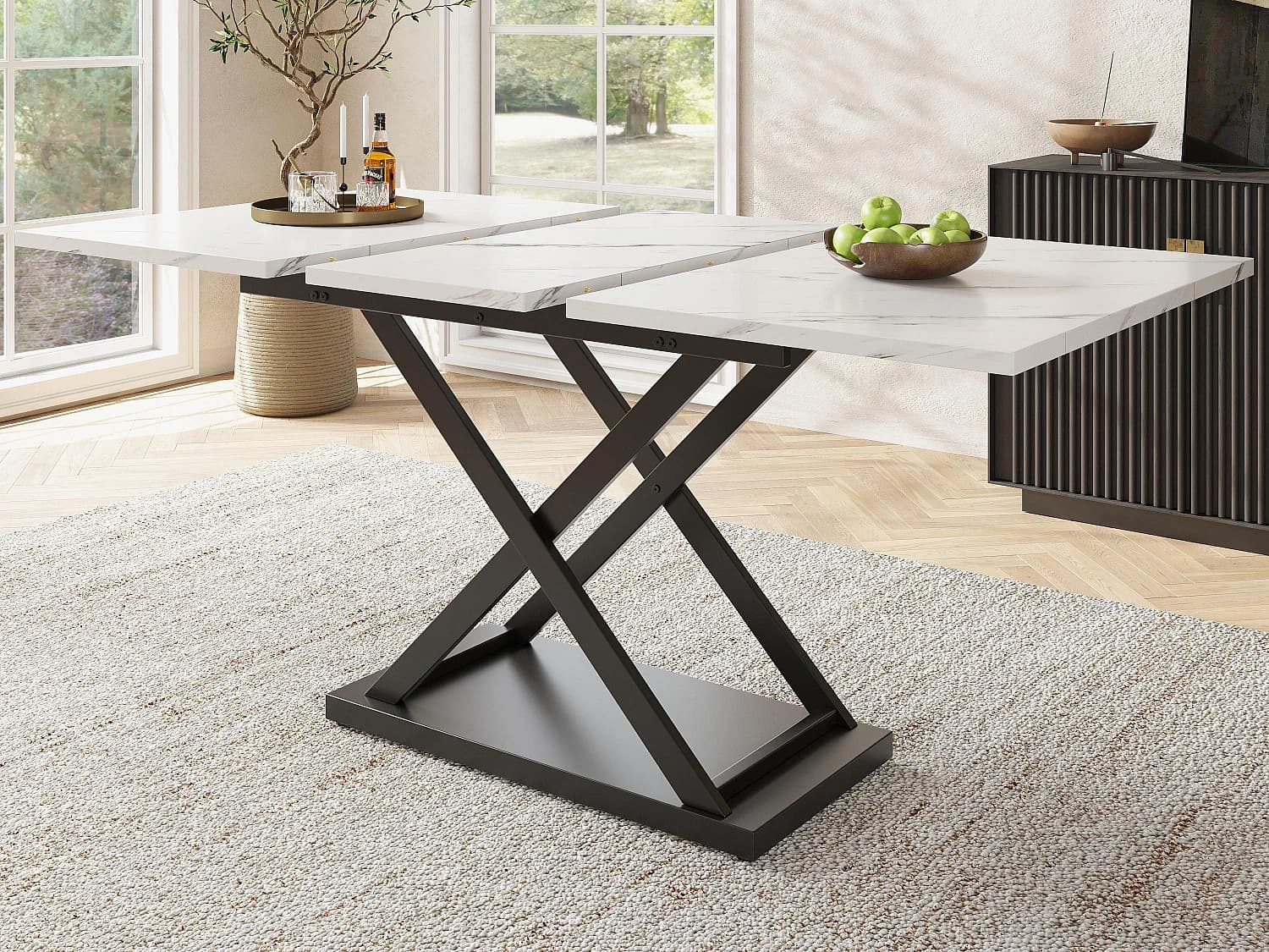 Table à manger escamotable - en MDF & Métal - plateau effet marbre - Blanc