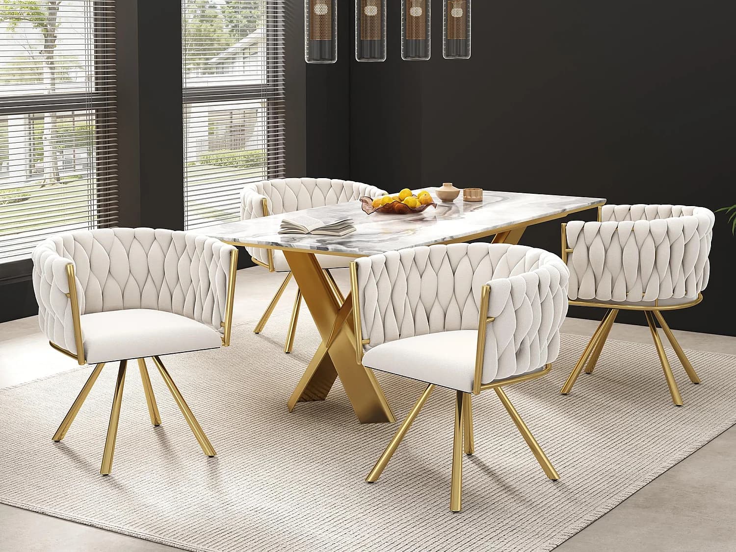 Lot de 4 chaises pivotantes en velours avec accoudoirs - pieds en métal doré - Beige