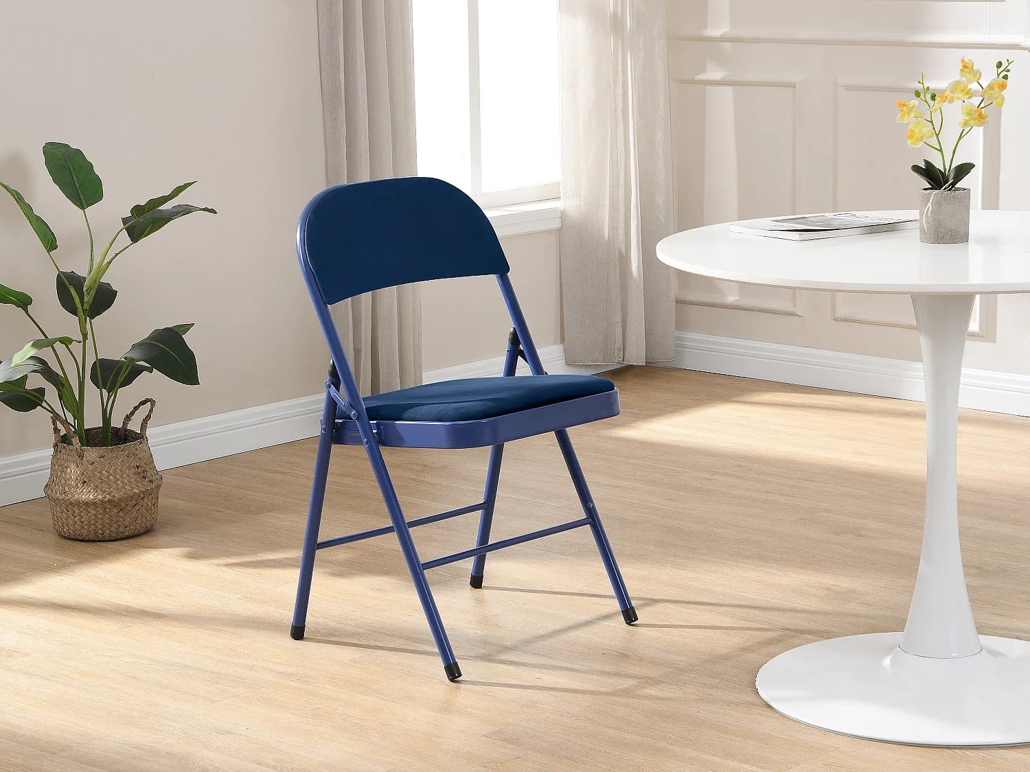 Lot de 6 chaises pliantes en velours et métal - Bleu - ORTENSIA