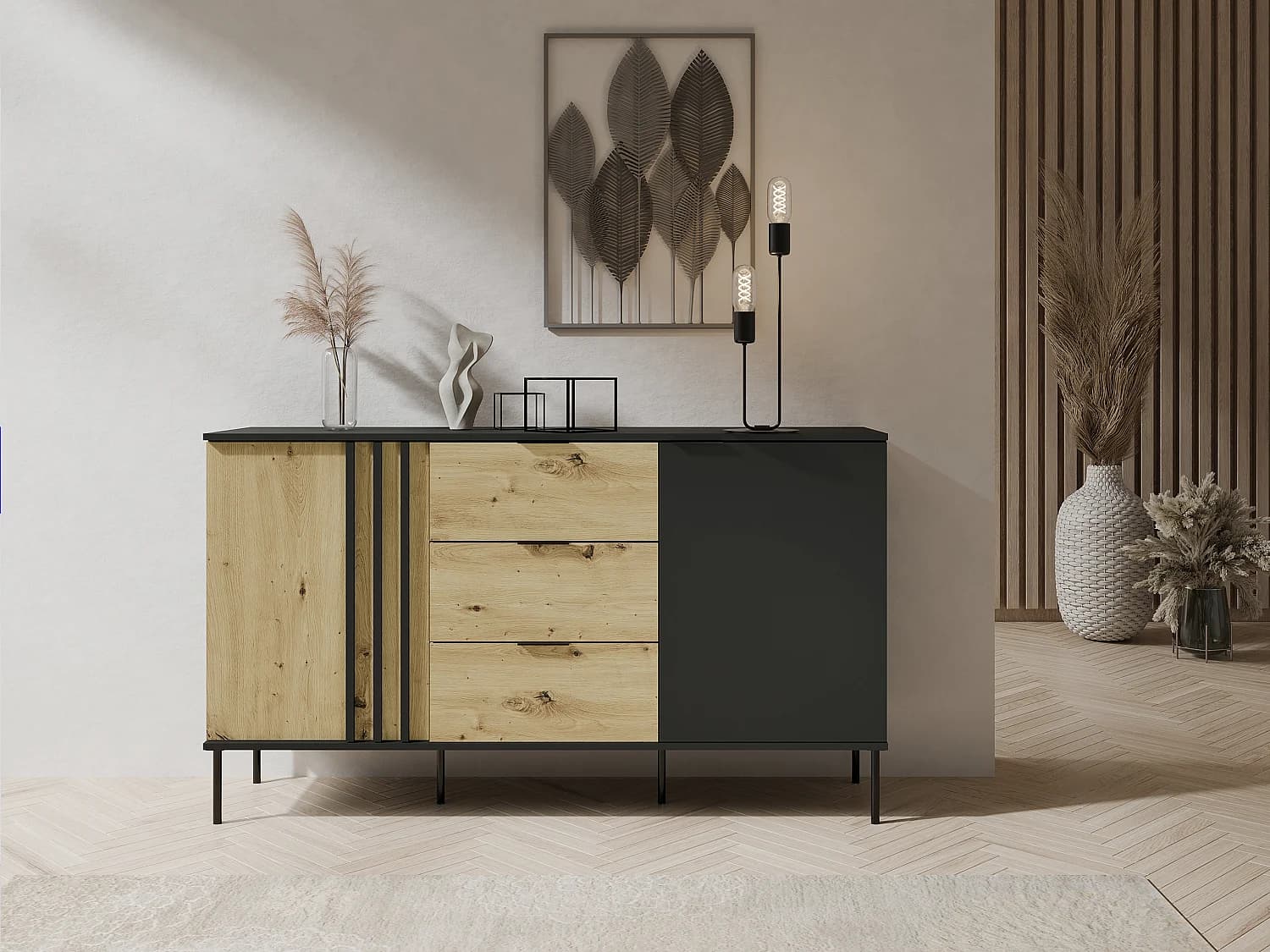 Buffet avec 2 portes et 3 tiroirs - Noir et naturel - TUNALO