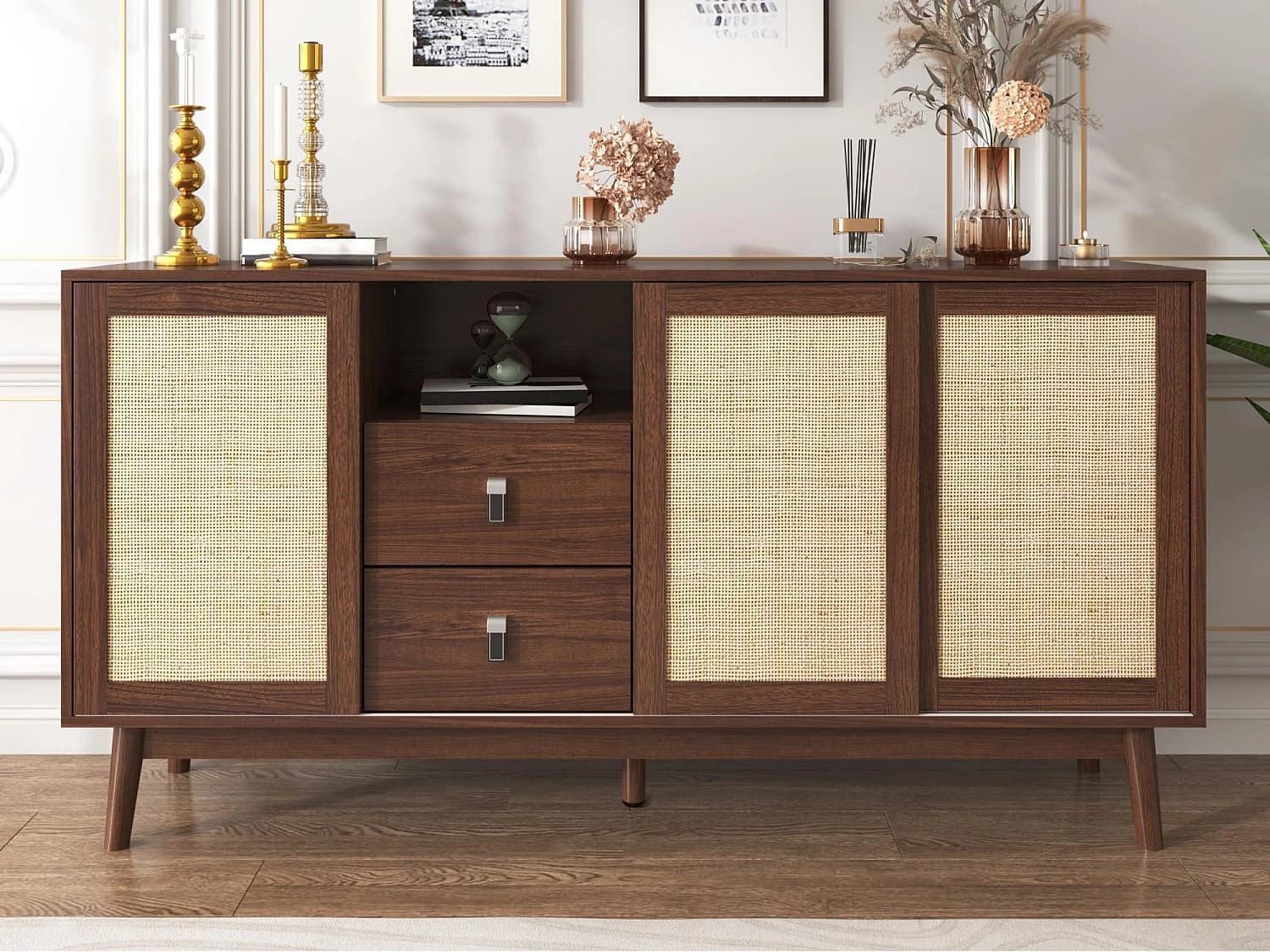 Buffet bas - 3 portes en rotin et 2 tiroirs - Marron