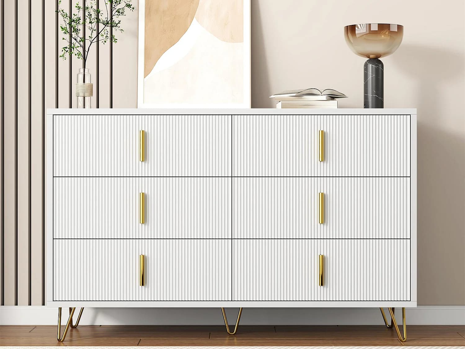 Buffet 120x40x77 cm - avec 6 tiroirs - poignées dorées - Blanc