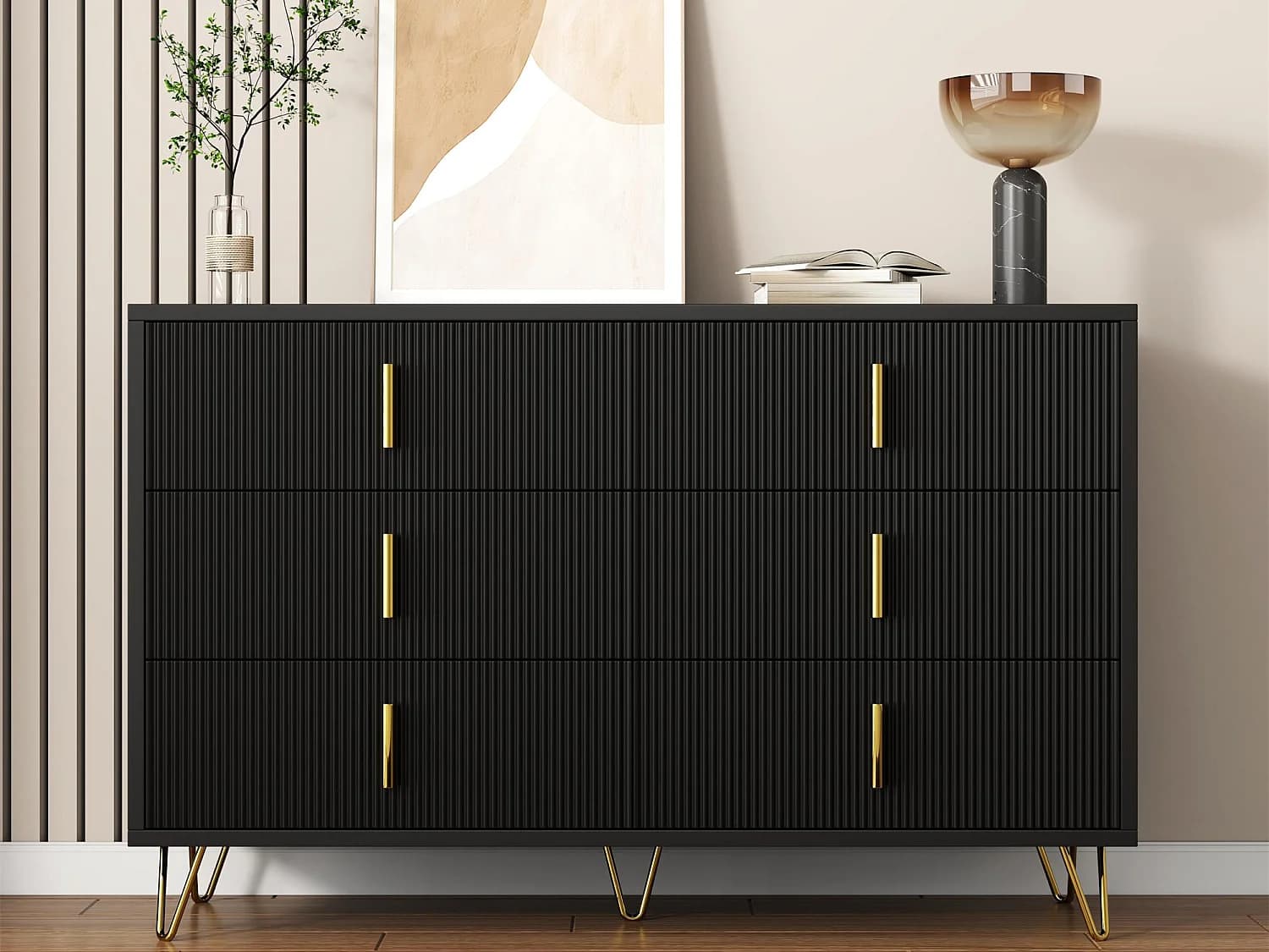 Buffet 120x40x77 cm - avec 6 tiroirs - poignées dorées - Noir