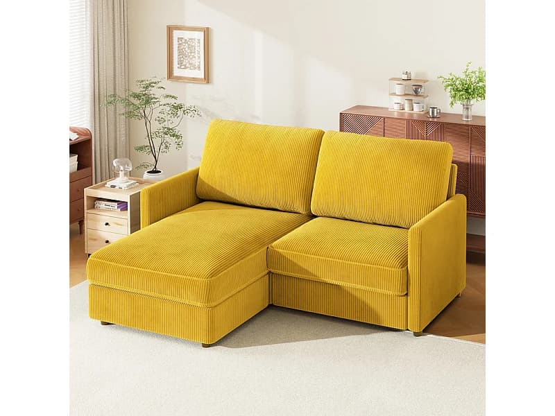 Canapé d'angle 2 places - angle droit / gauche réversible - 180x140x86cm - en Tissu Velours côtelé - Charge max 300kg - Jaune moutarde