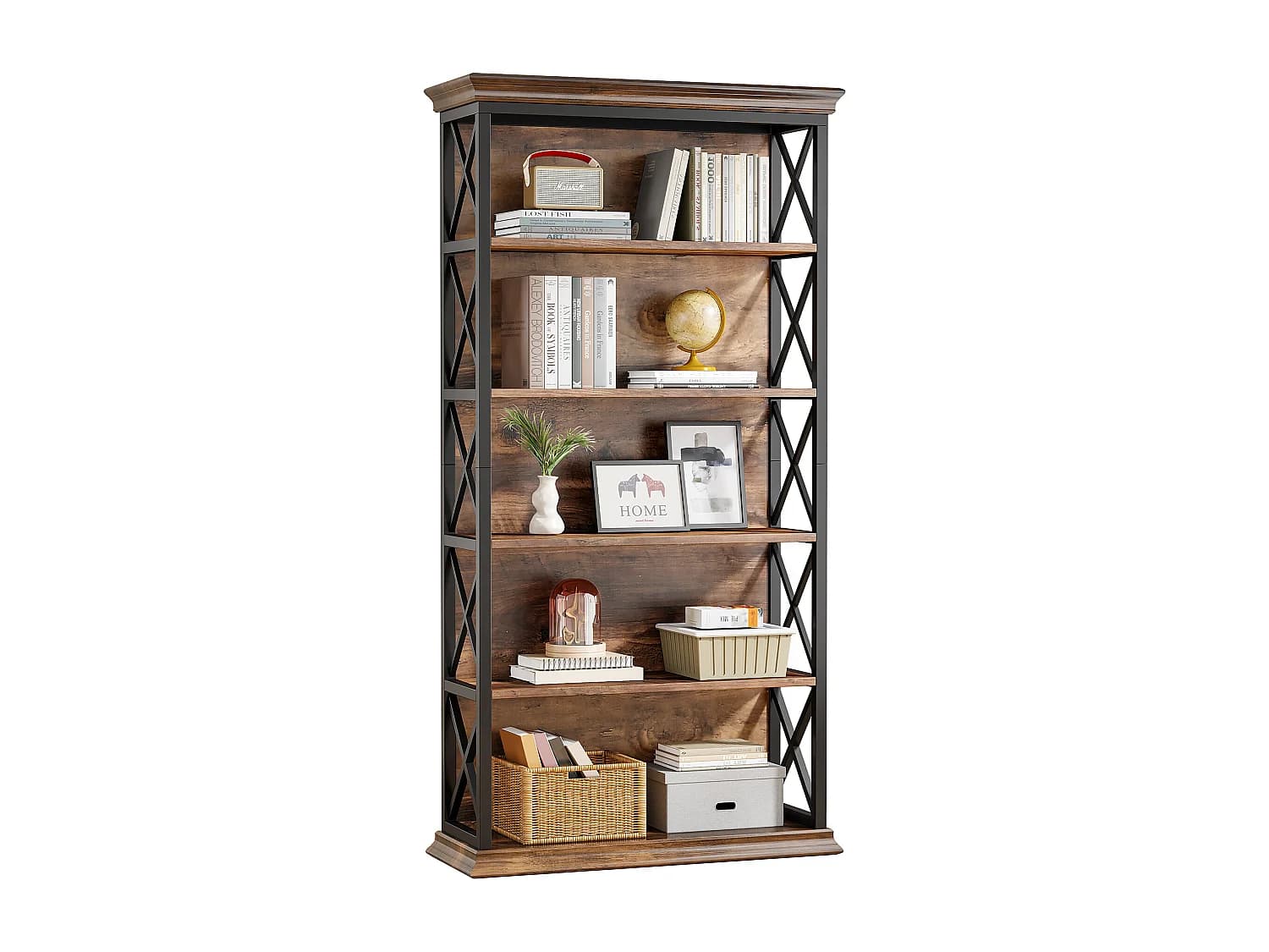 Bibliothèque Industrielle à 6 Niveaux, 180 cm, à Poser au Sol, 5 étagères de Rangement pour la Maison, Le Bureau, Marron et Noir