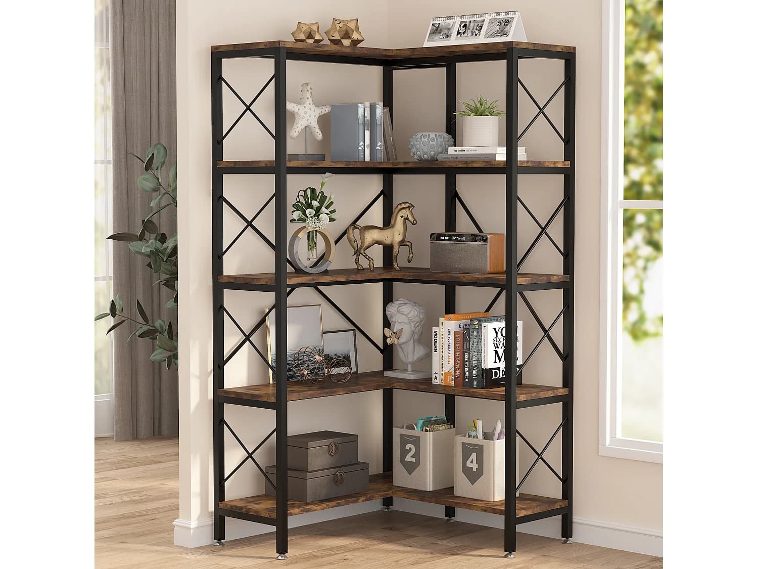 Tribesigns Bibliothèque d'angle, Grande étagère d'angle Industrielle, étagère d'angle sur Pied avec Cadre en métal pour Salon, Maison, Bureau, Marron Rustique (5 étagères-Noir)