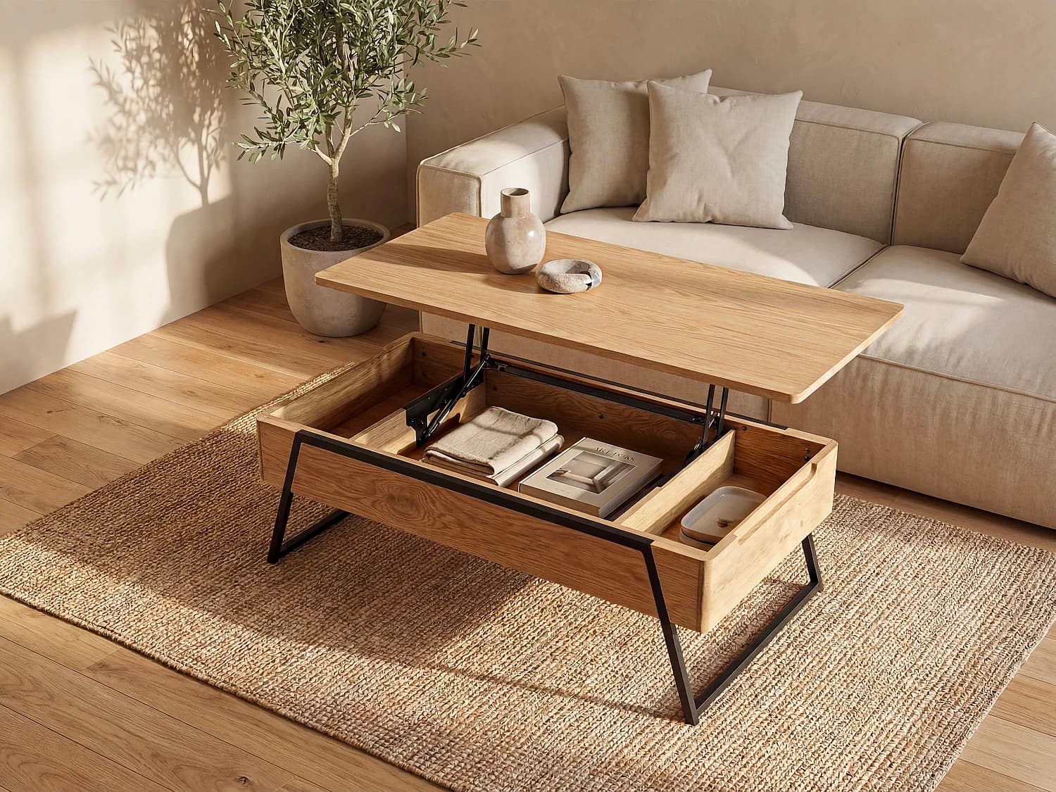 Table basse avec plateau relevable placage chêne - Naturel - EBENORA
