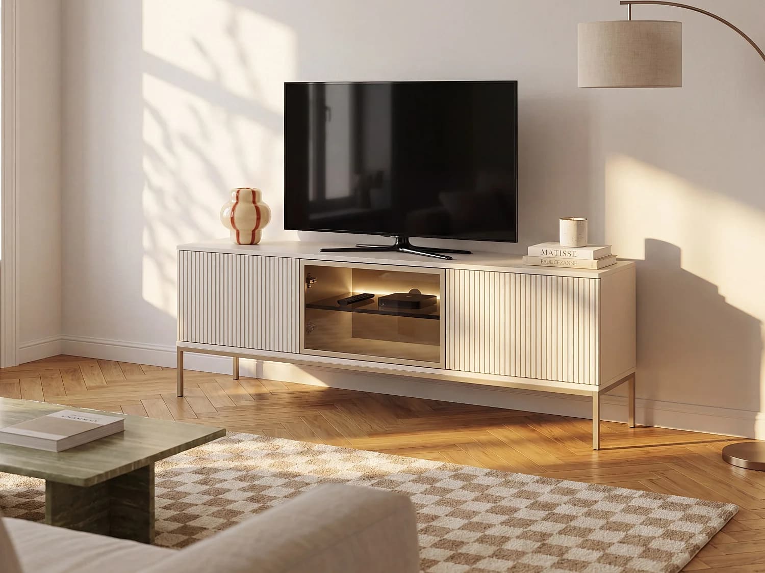 Meuble TV 3 portes avec LEDs en MDF et verre fumé - Beige et noir - OVILA