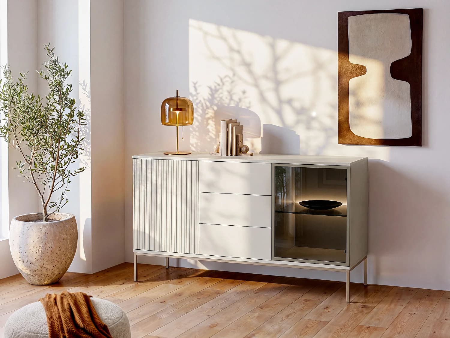 Buffet 2 portes et 3 tiroirs avec LEDs en MDF et verre fumé - Beige et noir - OVILA